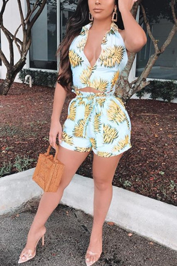 Multi-color Fashion Casual Patchwork Print Straight Two-Piece Short Set