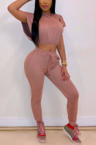 Deep pink Sexy Fashion adult Patchwork crop top Solid Two Piece Suits pencil Short Sleeve Two-piece