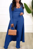 Blue Casual Solid Patchwork U Neck Long Sleeve Three-piece Set