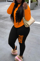 Black Orange Casual Print Patchwork O Neck Long Sleeve Two Pieces