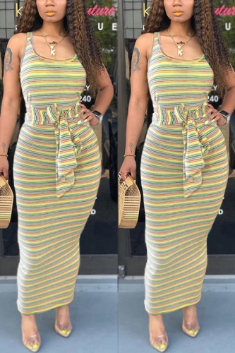Stripe Sexy Fashion Spaghetti Strap Sleeveless Slip Sheath Ankle-Length bandage Striped asymmetri