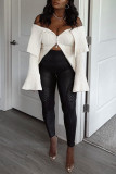 White Casual Solid Patchwork Zipper Off the Shoulder Outerwear