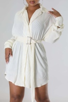 White Casual Solid Patchwork Turndown Collar Shirt Dress Dresses
