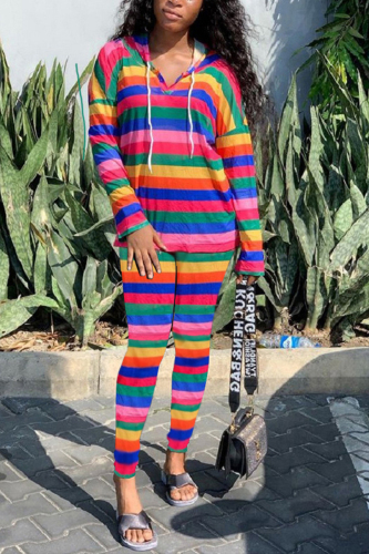 Rainbow color Rainbow Color Striped Hooded Tops Skinny Pants Long Sleeve Two-piece Set
