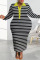 Blue Casual Striped Print Patchwork Turndown Collar Long Sleeve Plus Size Dresses