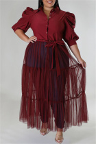Red Casual Plus Size Solid Patchwork Shirt Collar Shirt Dress