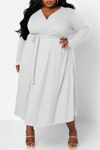 White Casual Solid Patchwork V Neck Long Sleeve Plus Size Dresses