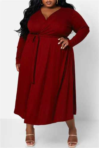 Burgundy Casual Solid Patchwork V Neck Long Sleeve Plus Size Dresses