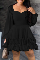 Black Casual Solid Patchwork Square Collar Long Sleeve Dresses