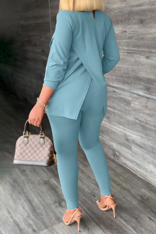 Casual Solid Slit Turtleneck Long Sleeve Two Pieces(3 Colors)