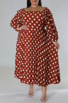 Burgundy Casual Dot Print Patchwork Square Collar Long Sleeve Plus Size Dresses