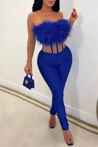 Blue Casual Patchwork Backless Strapless Skinny Jumpsuits