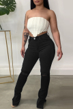 Baby Blue Casual Solid Ripped Slit High Waist Regular Denim Jeans
