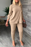 Khaki Casual Daily Solid Slit Turtleneck Long Sleeve Two Pieces