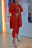 Red Casual Print Slit V Neck Long Sleeve Two Pieces