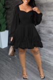 Black Casual Solid Patchwork Square Collar Long Sleeve Dresses