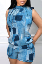 Blue Sexy Casual Print Printing Half A Turtleneck Sleeveless Two Pieces