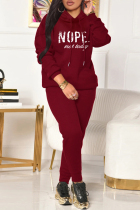Burgundy Casual Letter Print Patchwork Hooded Collar Long Sleeve Two Pieces