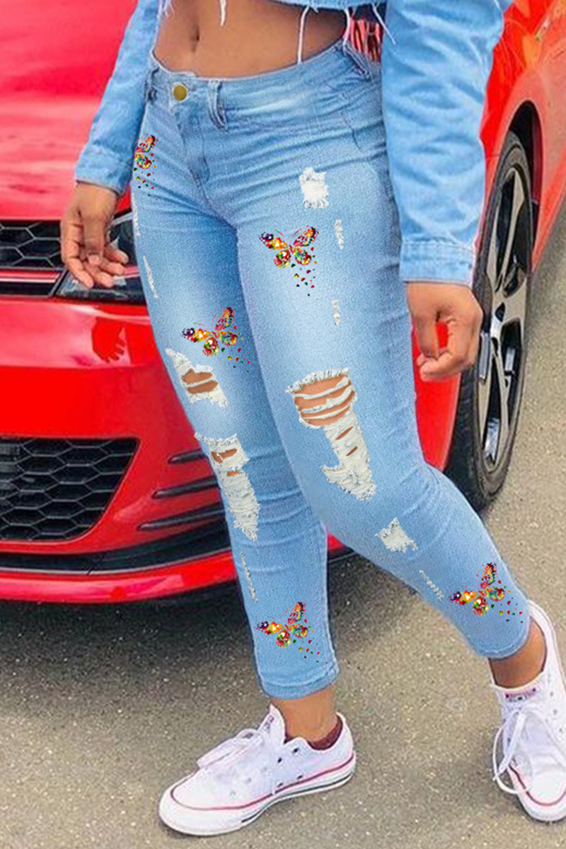 Wholesale Baby Blue Casual Butterfly Print Ripped High Waist Skinny ...