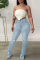 Baby Blue Casual Solid Ripped Slit High Waist Regular Denim Jeans