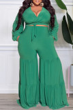 Green Casual Solid Bandage V Neck Plus Size Two Pieces