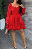 Rose Red Casual Solid Patchwork Square Collar Long Sleeve Dresses