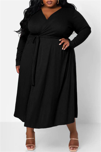 Black Casual Solid Patchwork V Neck Long Sleeve Plus Size Dresses