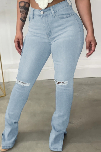 Baby Blue Casual Solid Ripped Slit High Waist Regular Denim Jeans