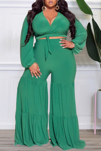 Green Casual Solid Bandage V Neck Plus Size Two Pieces
