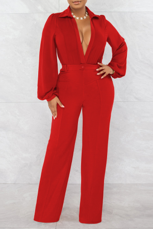 Casual Solid Color Lace Up Patchwork Turndown Collar Loose Jumpsuits