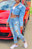 Baby Blue Casual Butterfly Print Ripped High Waist Skinny Denim Jeans