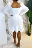 White Casual Elegant Solid Flounce Square Collar Wrapped Skirt Dresses