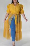Yellow Casual Plus Size Solid Patchwork Shirt Collar Shirt Dress