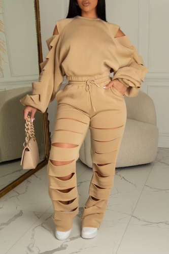 Khaki Casual Solid Hollowed Out O Neck Long Sleeve Two Pieces