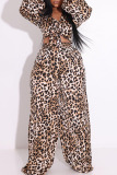 Leopard Print Sexy Print Leopard Bandage Patchwork V Neck Long Sleeve Two Pieces