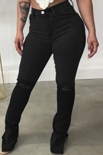 Black Casual Solid Ripped Slit High Waist Regular Denim Jeans