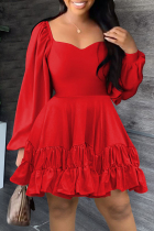 Red Casual Solid Patchwork Square Collar Long Sleeve Dresses