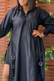 Black Casual Daily Solid Buttons Slit Shirt Collar Long Sleeve Two Pieces