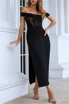 Black Sexy Formal Solid Patchwork See-through Backless Slit Off the Shoulder Evening Dress Dresses