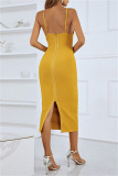 Yellow Sexy Solid Backless Slit Spaghetti Strap Long Dress Dresses