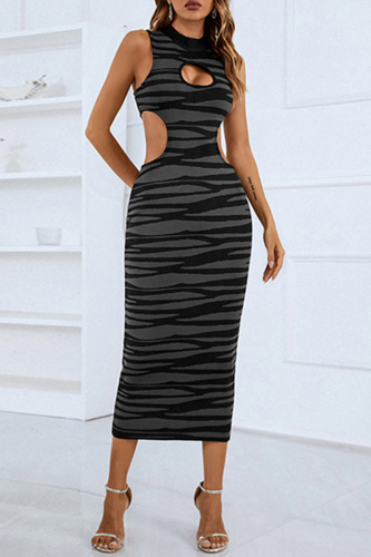 Black Gray Sexy Print Hollowed Out O Neck Long Dress Dresses