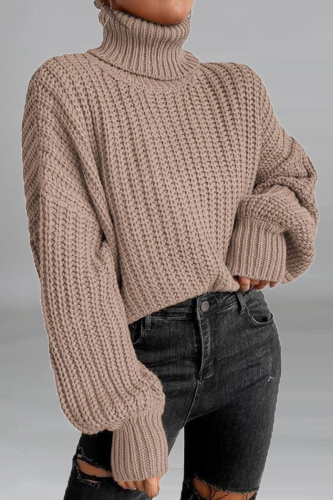 Khaki Street Solid Patchwork Turtleneck Tops