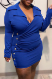 Blue Sexy Celebrities Solid Turn-back Collar Dresses