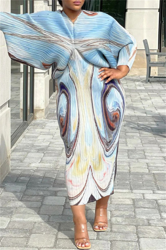 Light Blue Casual Print Patchwork V Neck Pencil Skirt Plus Size Dresses