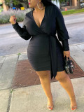 Black Sexy Solid Fold V Neck Wrapped Skirt Plus Size