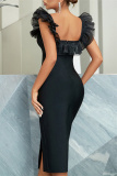 Black Sexy Formal Solid Patchwork Backless Slit Square Collar Evening Dress Dresses