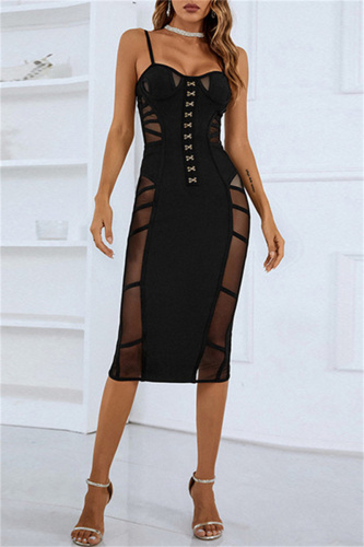 Black Sexy Solid Patchwork See-through Backless Spaghetti Strap Evening Dress Dresses