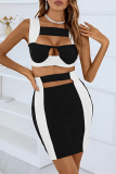 Black White Sexy Patchwork Hollowed Out Backless Square Collar Sleeveless Two Pieces