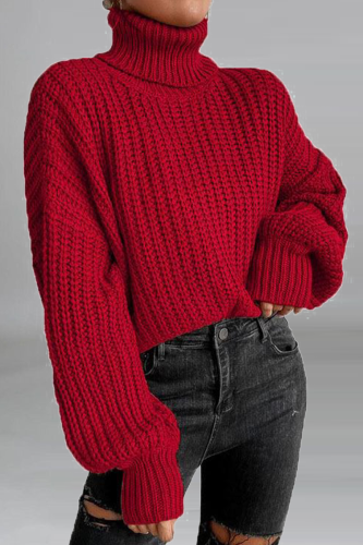 Red Street Solid Patchwork Turtleneck Tops