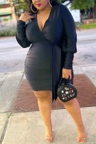 Black Sexy Solid Fold V Neck Wrapped Skirt Plus Size 